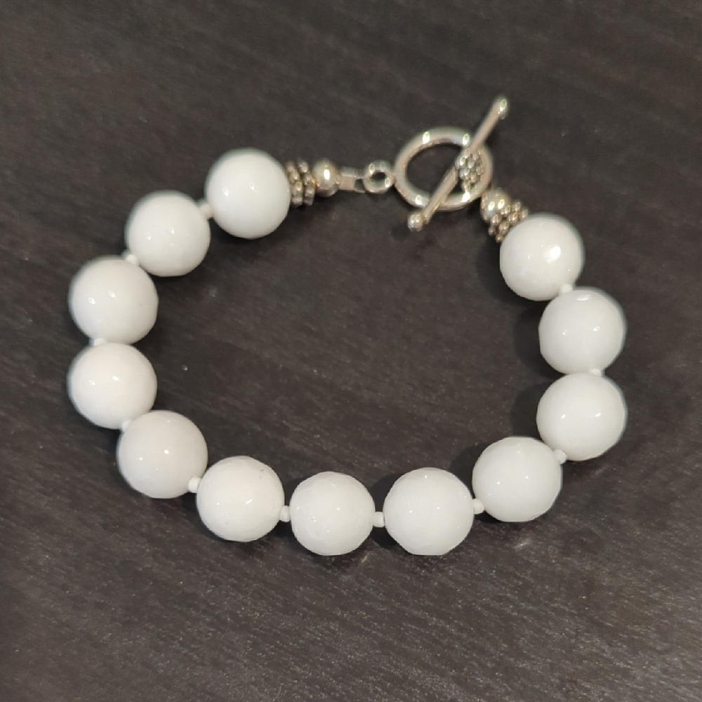 White Beaded Bracelet with Silver Toggle Clasp
